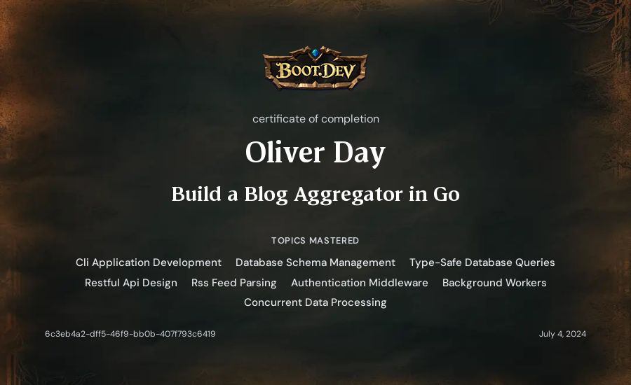 Oliver Day's Boot.dev Build a Blog Aggregator in Go certificate