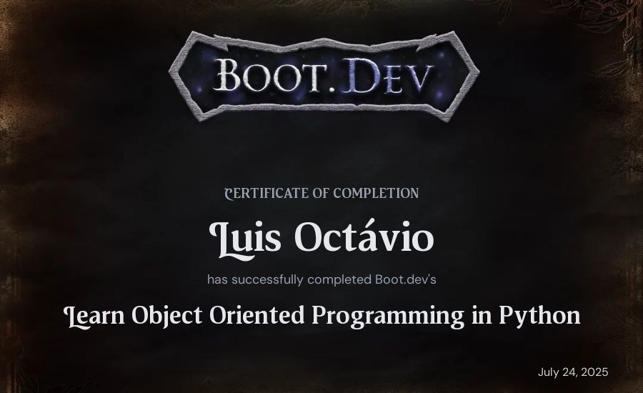Luis Octávio's Boot.dev Learn Object Oriented Programming in Python certificate