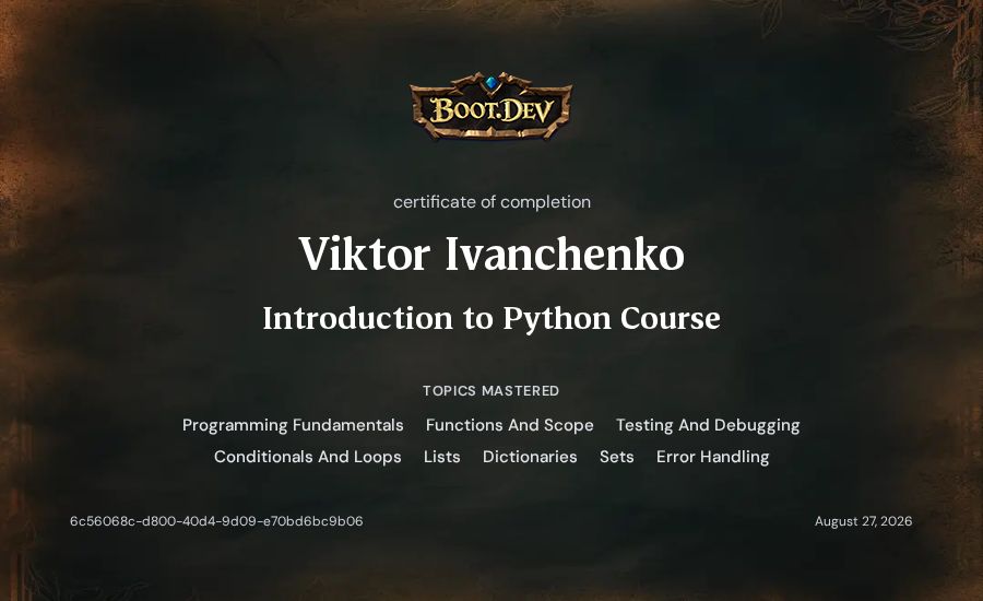 Viktor Ivanchenko's Boot.dev Introduction to Python Course certificate