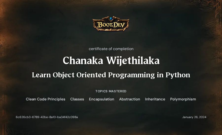 Chanaka Wijethilaka's Boot.dev Learn Object Oriented Programming in Python certificate