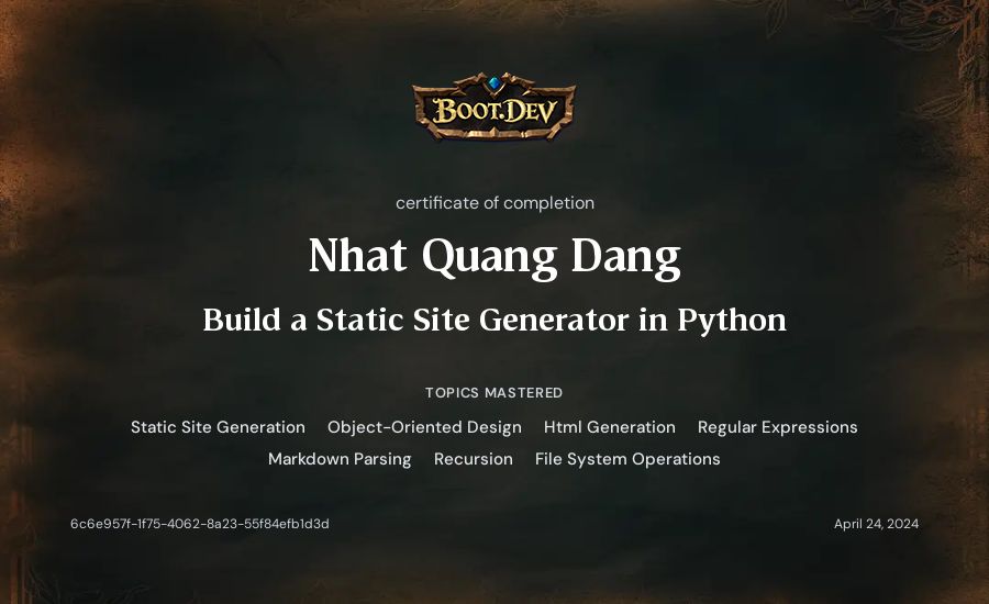 Nhat Quang Dang's Boot.dev Build a Static Site Generator in Python certificate
