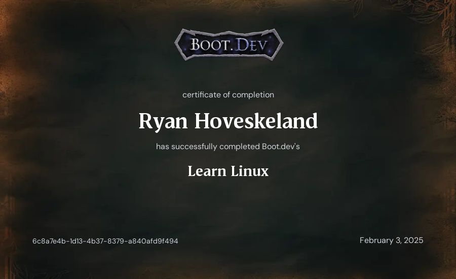 Ryan Hoveskeland's Boot.dev Learn Linux certificate