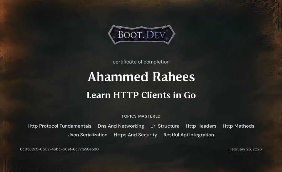 Ahammed Rahees's Boot.dev Learn HTTP Clients in Go certificate
