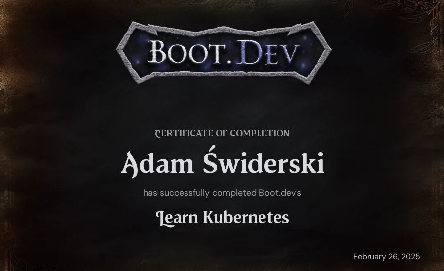 Adam Świderski's Boot.dev Learn Kubernetes certificate