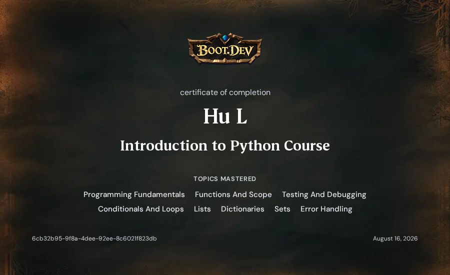 Hu L's Boot.dev Introduction to Python Course certificate