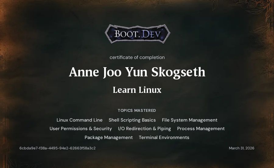 Anne Joo Yun Skogseth's Boot.dev Learn Linux certificate