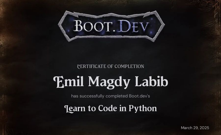 Emil Magdy Labib's Boot.dev Introduction to Python Course certificate