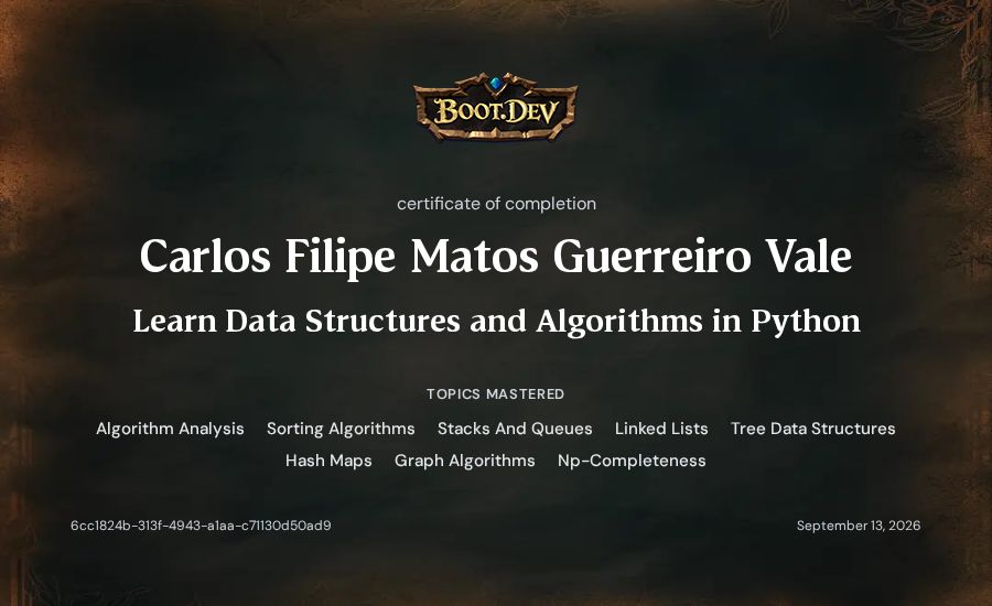 Carlos Valente's Boot.dev Learn Data Structures and Algorithms in Python certificate