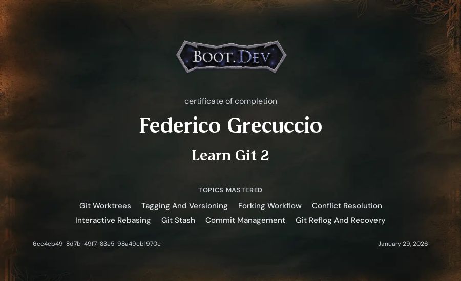 Federico Grecuccio's Boot.dev Learn Git 2 certificate