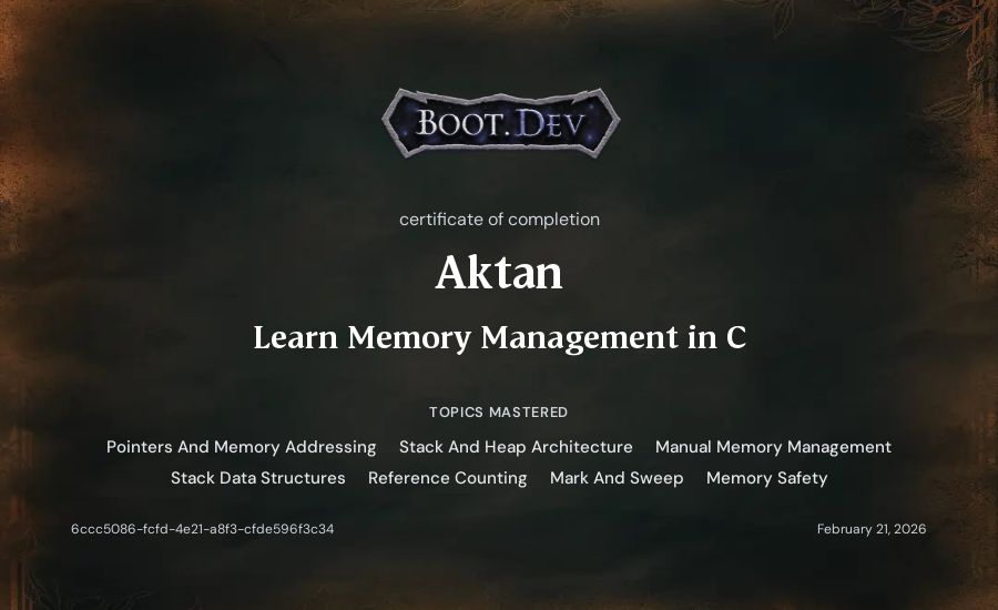 Aktan's Boot.dev Learn Memory Management in C certificate