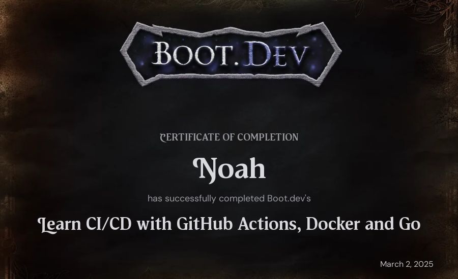 Noah's Boot.dev Learn CI/CD with GitHub Actions, Docker and Go certificate