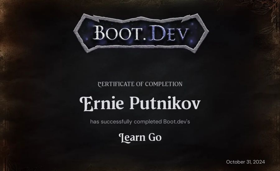 Ernie Putnikov's Boot.dev Learn Go certificate