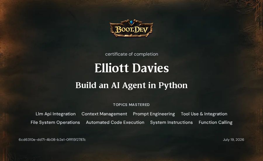 Elliott Davies's Boot.dev Build an AI Agent in Python certificate