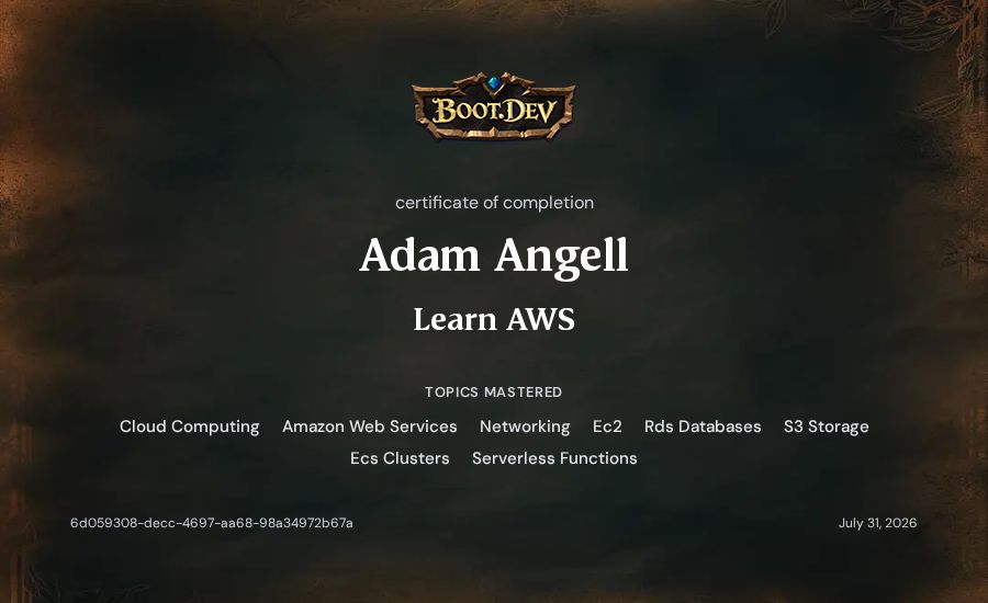 Adam Angell's Boot.dev Learn AWS certificate