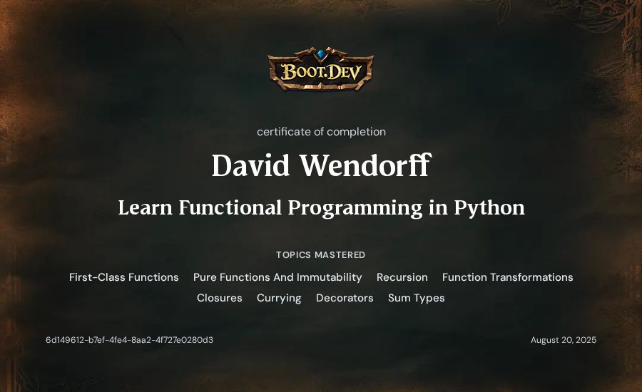 David Wendorff's Boot.dev Learn Functional Programming in Python certificate
