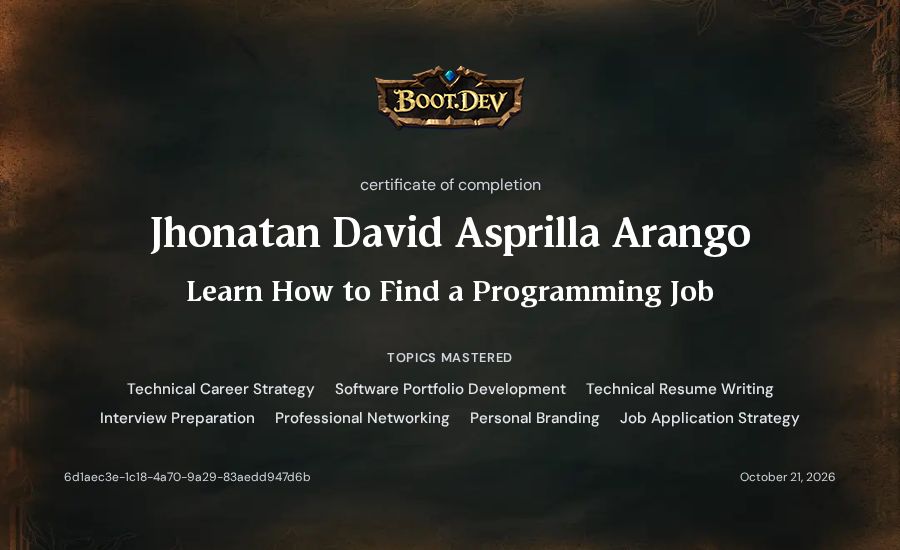 Jhonatan David Asprilla Arango's Boot.dev Learn How to Find a Programming Job certificate