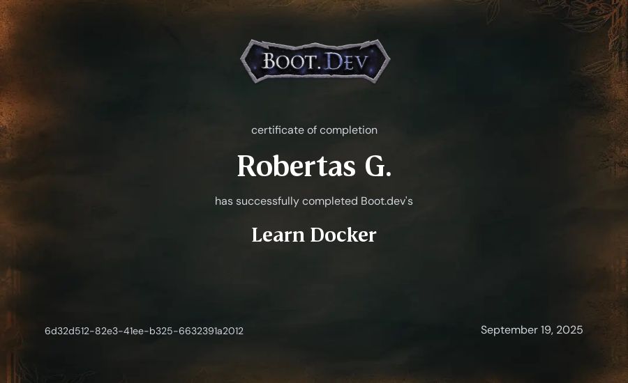 Robertas G.'s Boot.dev Learn Docker certificate