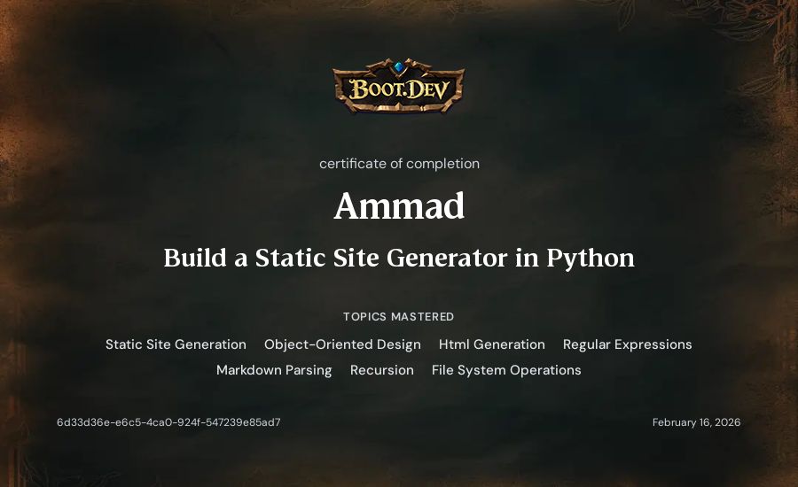 Ammad's Boot.dev Build a Static Site Generator in Python certificate