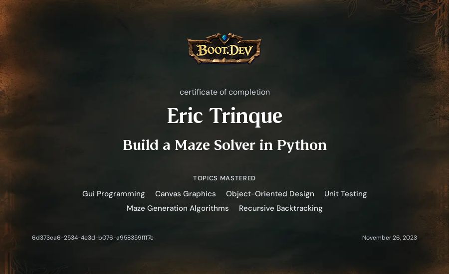 Eric Trinque's Boot.dev Build a Maze Solver in Python certificate