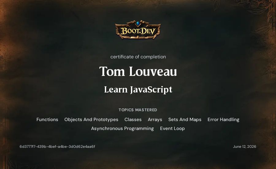 Tom Louveau's Boot.dev Learn JavaScript certificate