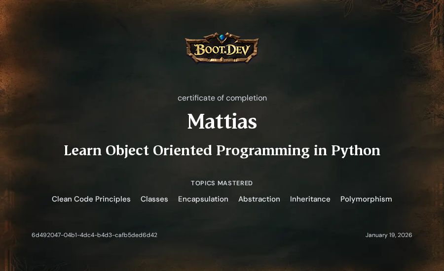 Mattias's Boot.dev Learn Object Oriented Programming in Python certificate