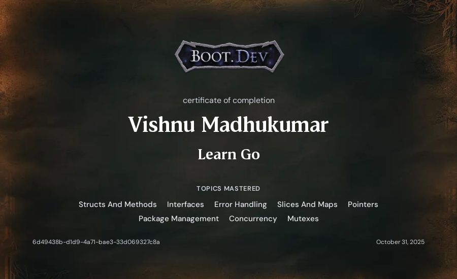 Vishnu Madhukumar's Boot.dev Learn Go certificate