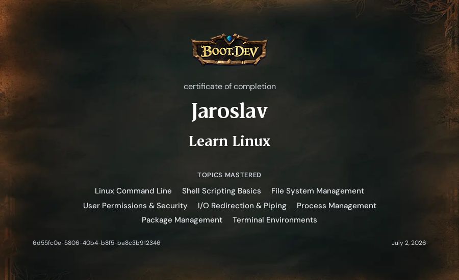 Jaroslav's Boot.dev Learn Linux certificate