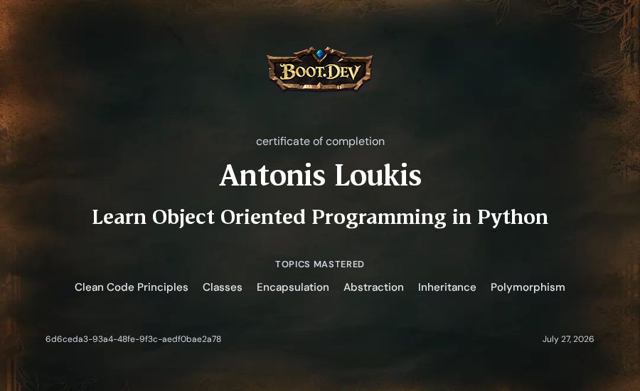 Antonis Loukis's Boot.dev Learn Object Oriented Programming in Python certificate
