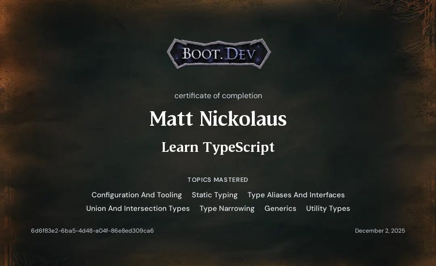 Matt Nickolaus's Boot.dev Learn TypeScript certificate