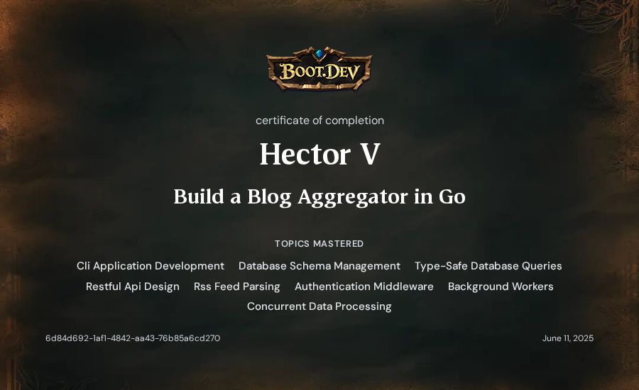 Hector V's Boot.dev Build a Blog Aggregator in Go certificate