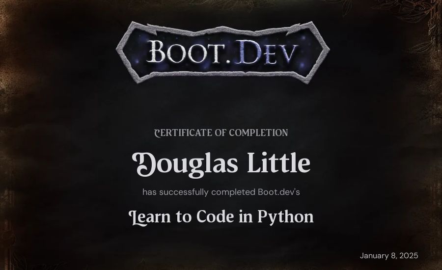Douglas Little's Boot.dev Introduction to Python Course certificate