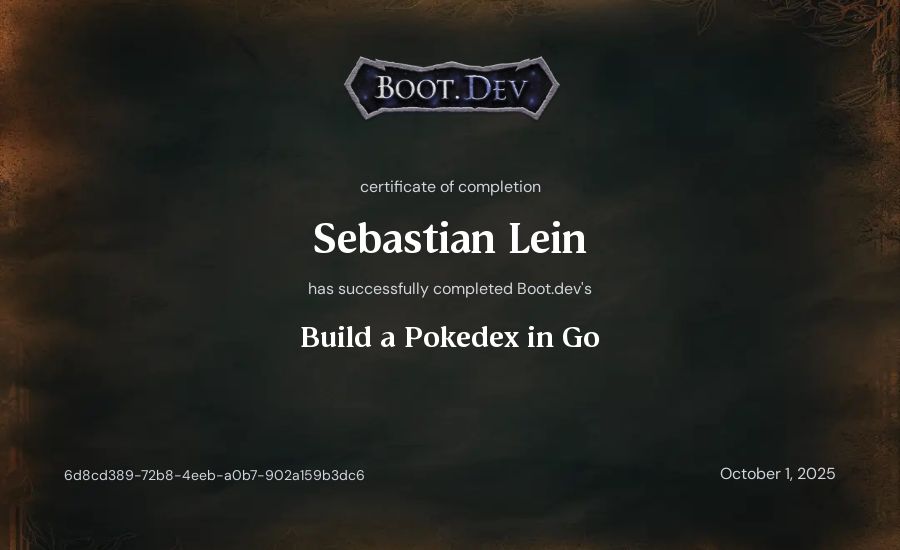 Sebastian Lein's Boot.dev Build a Pokedex in Go certificate