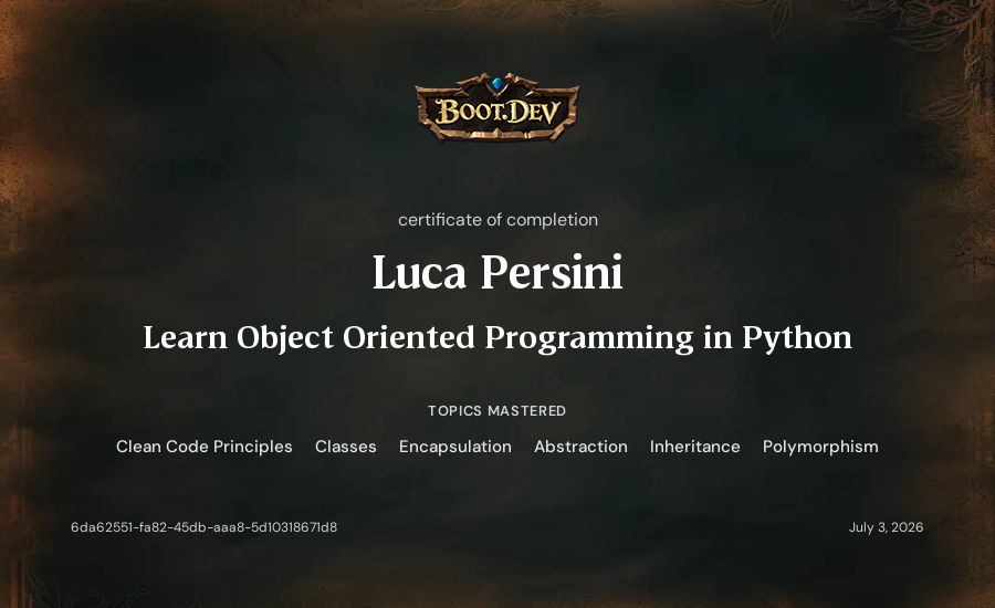 Luca Persini's Boot.dev Learn Object Oriented Programming in Python certificate