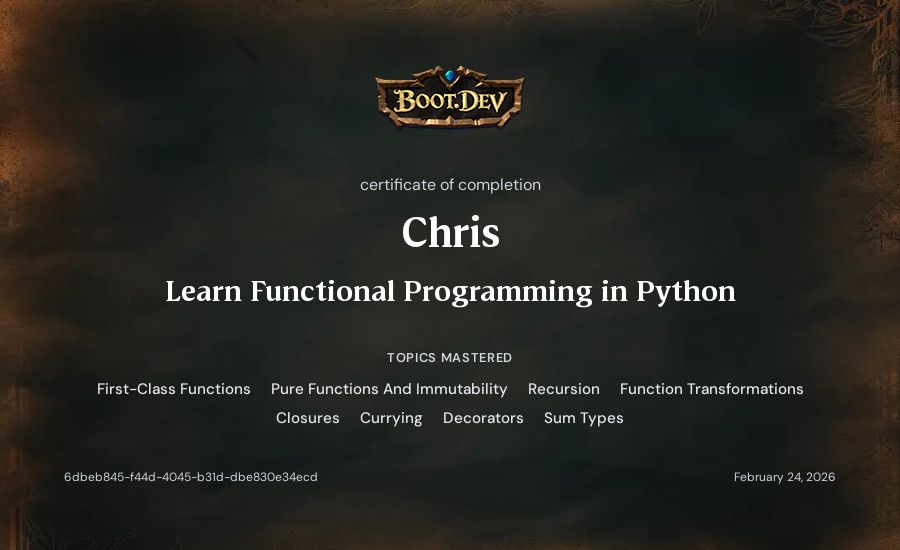 Chris's Boot.dev Learn Functional Programming in Python certificate
