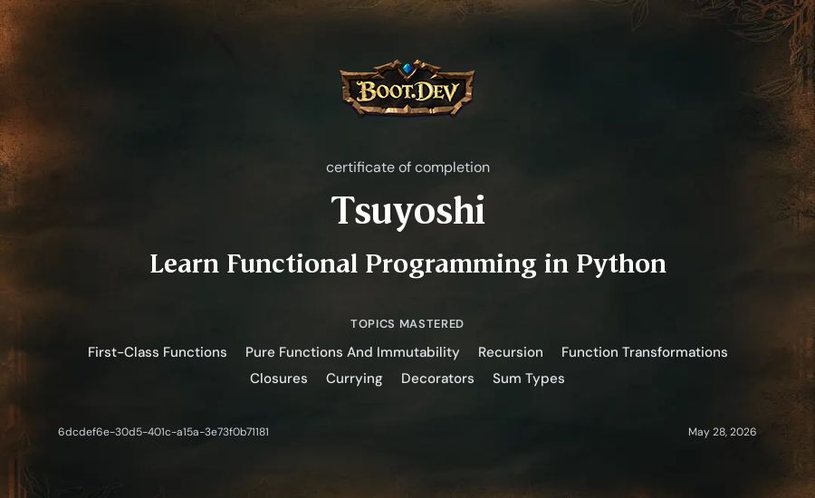Tsuyoshi's Boot.dev Learn Functional Programming in Python certificate