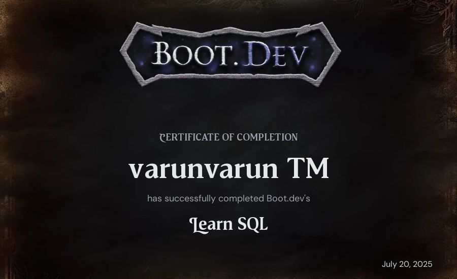 varunvarun TM's Boot.dev Learn SQL certificate