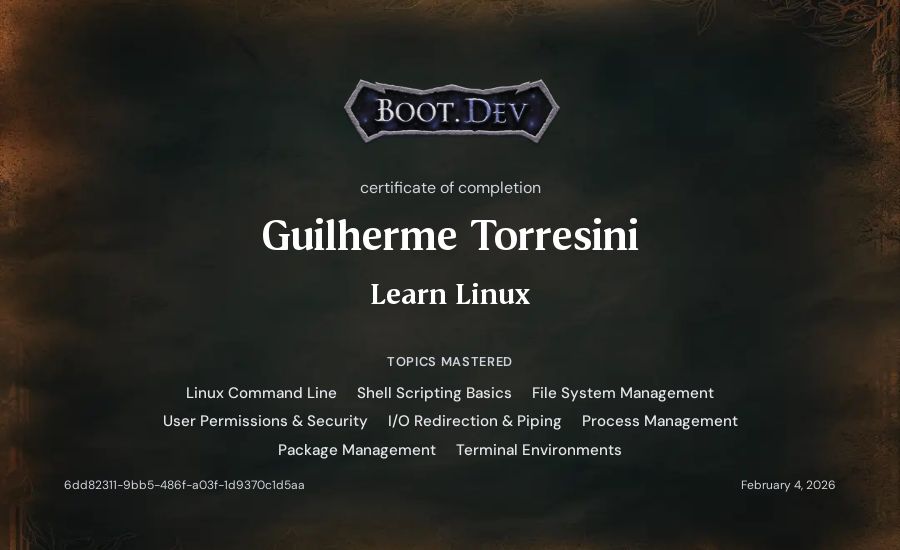 Guilherme Torresini's Boot.dev Learn Linux certificate
