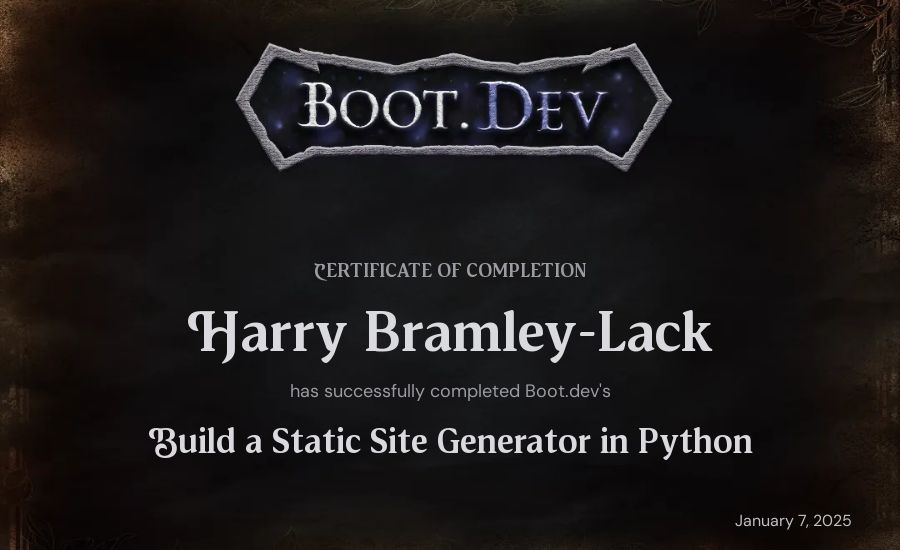 Harry B-L's Boot.dev Build a Static Site Generator in Python certificate