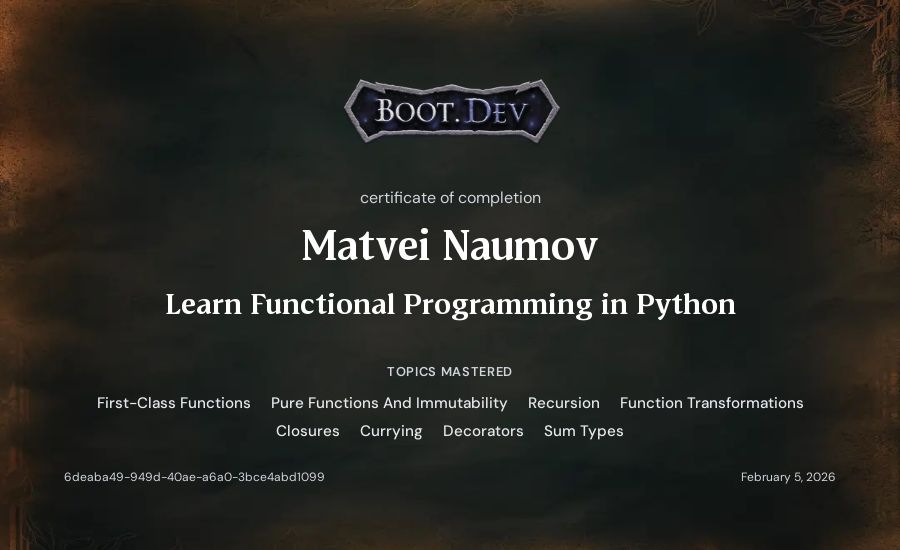 Matvei Naumov's Boot.dev Learn Functional Programming in Python certificate