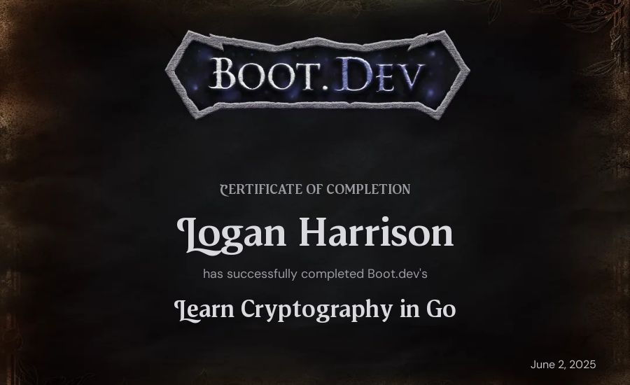 Logan Harrison's Boot.dev Learn Cryptography in Go certificate