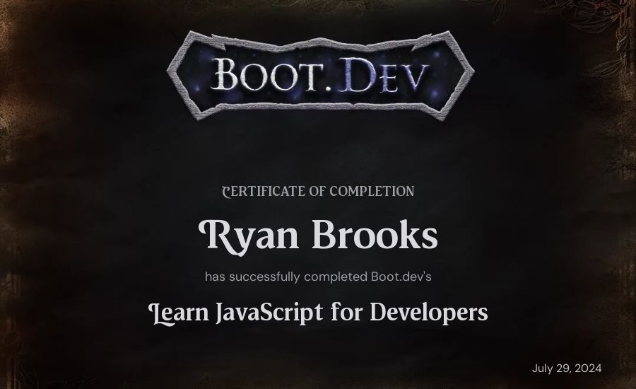 Ryan Brooks's Boot.dev Learn JavaScript certificate