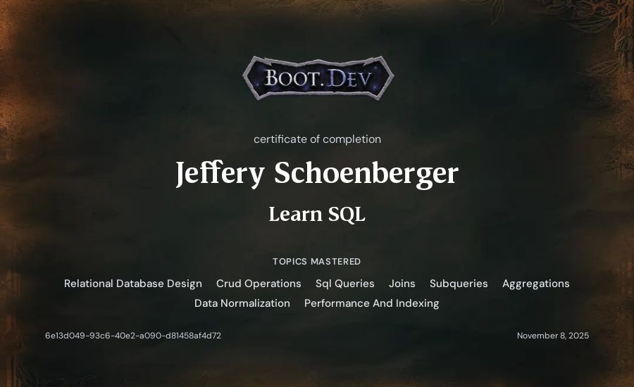 Jeff Schoenberger's Boot.dev Learn SQL certificate
