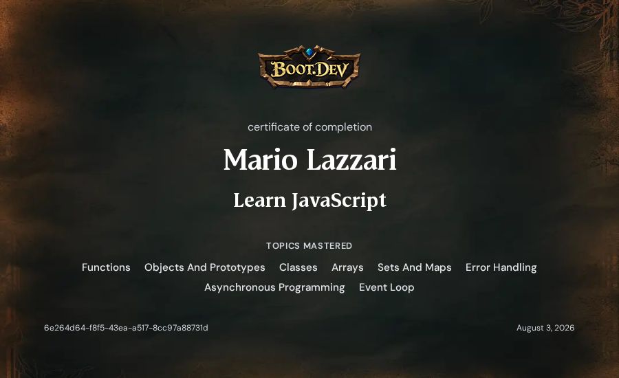 Mario Lazzari's Boot.dev Learn JavaScript certificate