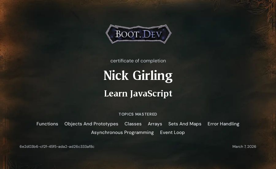 Nick Girling's Boot.dev Learn JavaScript certificate