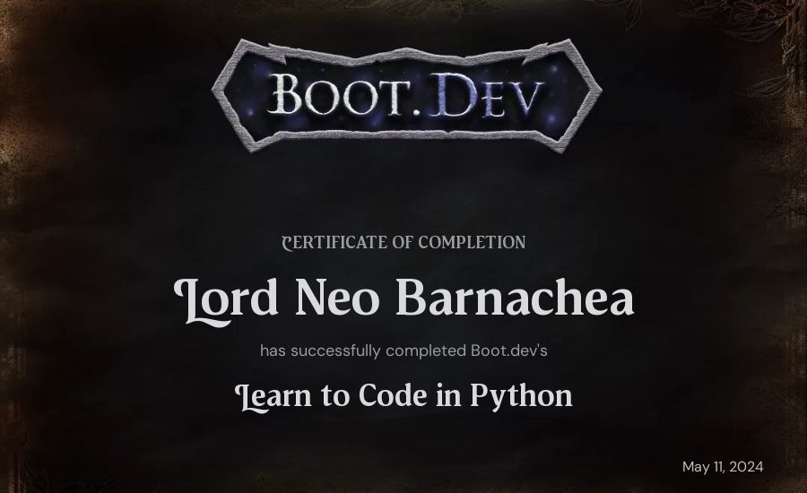 Lord Neo Barnachea's Boot.dev Introduction to Python Course certificate