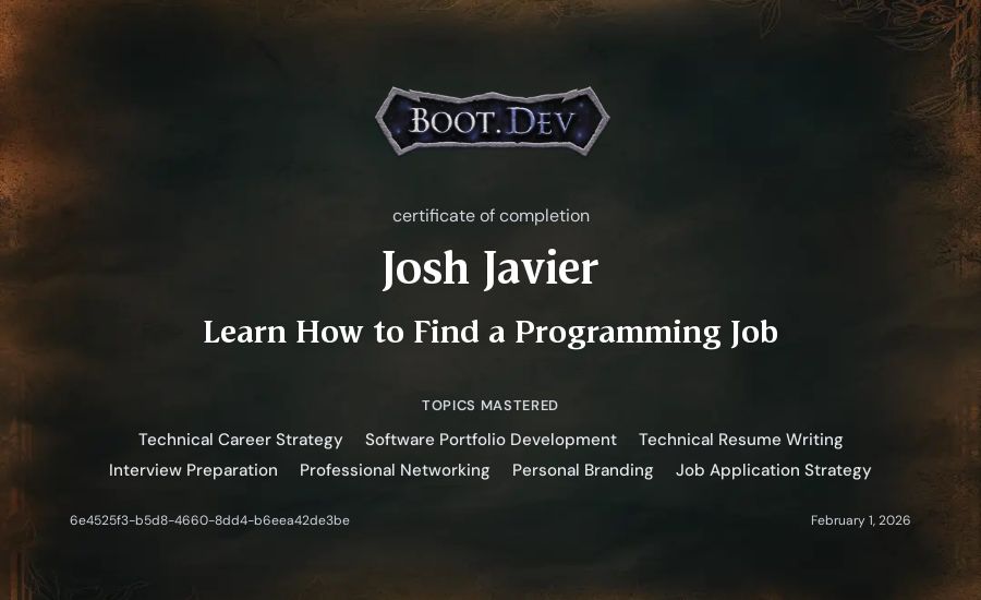 Josh Javier's Boot.dev Learn How to Find a Programming Job certificate