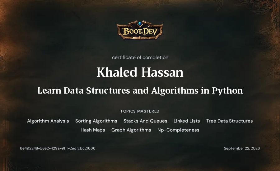 Khaled Hassan's Boot.dev Learn Data Structures and Algorithms in Python certificate