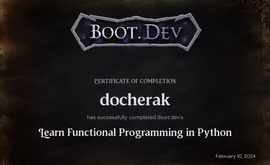 docherak's Boot.dev Learn Functional Programming in Python certificate