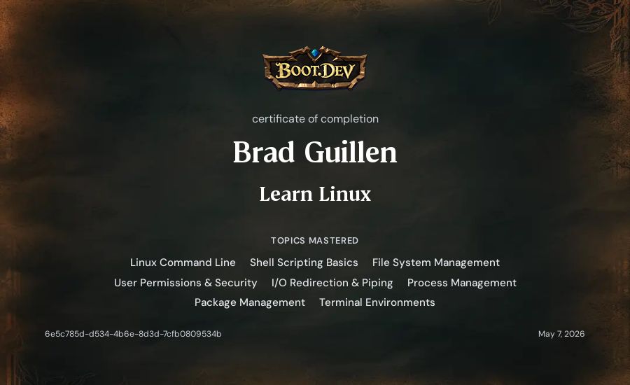 Brad Guillen's Boot.dev Learn Linux certificate