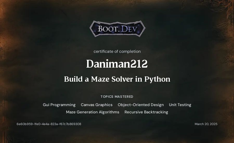 Daniman212's Boot.dev Build a Maze Solver in Python certificate